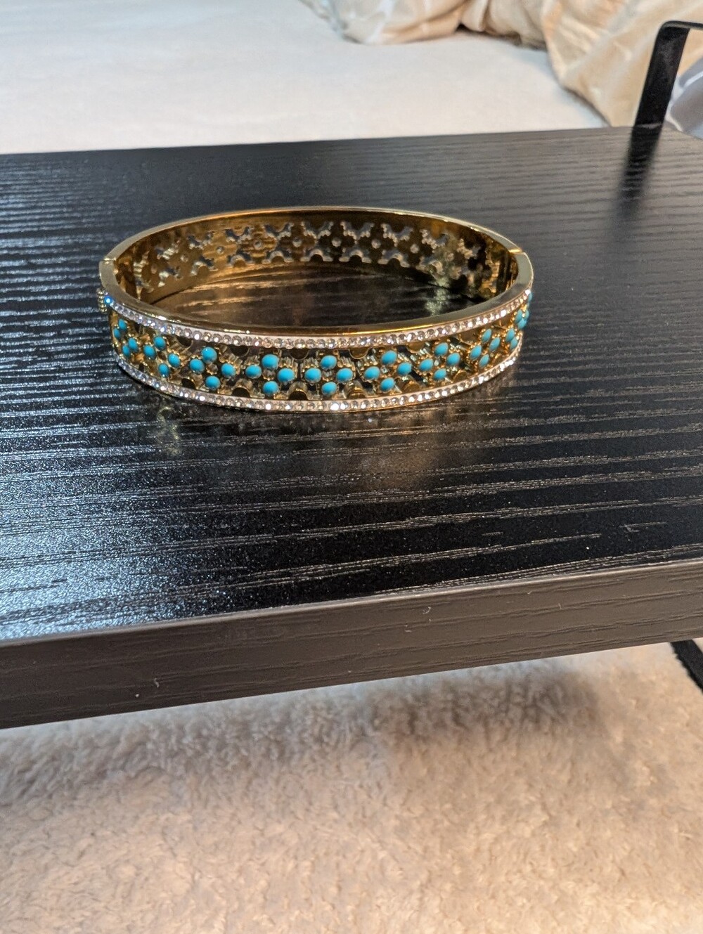 Gold Turquoise Crystal Filigree Bangle Bracelet